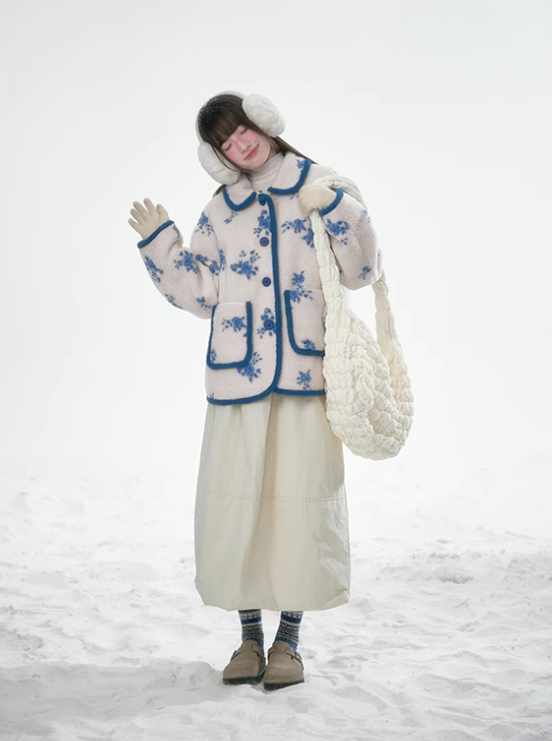 潘羅羅 - Blue Floral Imitation Lambswool Jacket