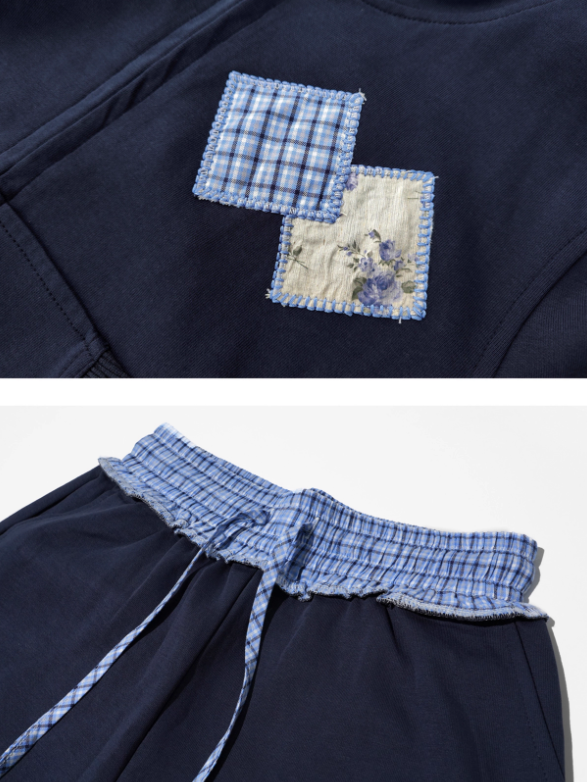 ASGONY - Preppy Patchwork Hoodie & Straight-Leg Sweatpants Set