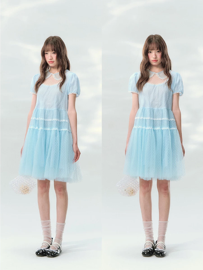 “Ice Blue Polka Dream” Blue Polka Dot Tiered Mini Dress