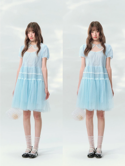 “Ice Blue Polka Dream” Blue Polka Dot Tiered Mini Dress