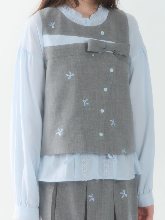 罐头士多所 - "Blue Whisper" Bow-Tie Vest Top & Pleated Skirt Set