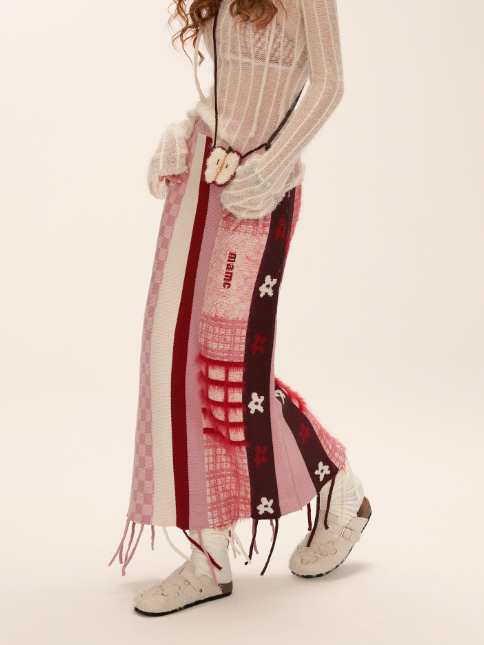 MAMC - Pink Patchwork Fringe Floral Plaid Skirt WE826