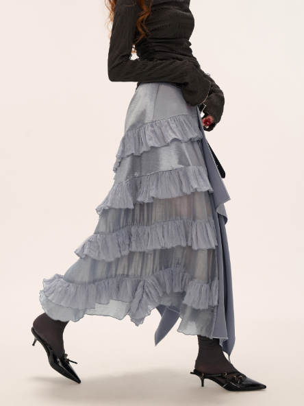 Aurora Layered Asymmetrical Midi Skirt WE847 (Ice Blue)