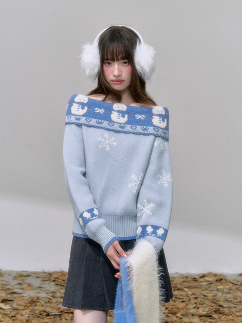 [CAN] Blue Fair Isle Off-Shoulder Sweater with 3D Snowman & Bunny Details