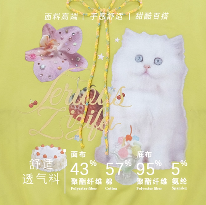 ZiziFei - Sweet Cat Print Sweatshirt – V-Neck with Ribbon & Embellished Bow