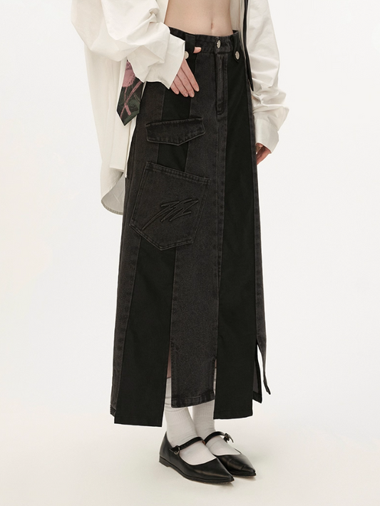 MAMC - Asymmetrical Denim & Faux Leather Panel Skirt