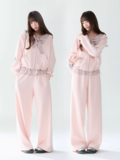 罐头士多所 - Pink Plaid Bow Hoodie & Jogger Set – Preppy Girl Matching Loungewear