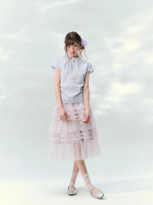“Taro Peach Layers” Dusty Lilac Tiered Tulle Midi Skirt
