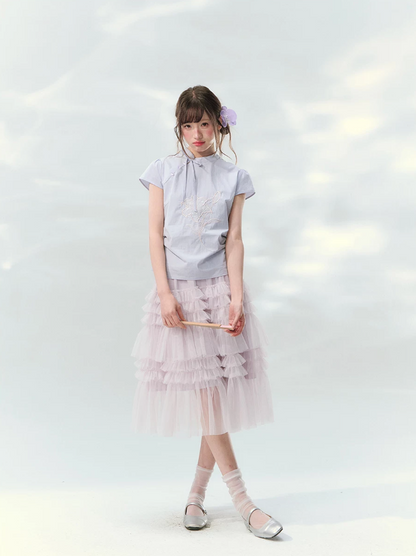 “Taro Peach Layers” Dusty Lilac Tiered Tulle Midi Skirt