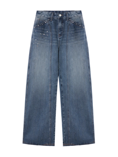 ASGONY - Y2K Studded Curved-Cut Wide Leg Jeans