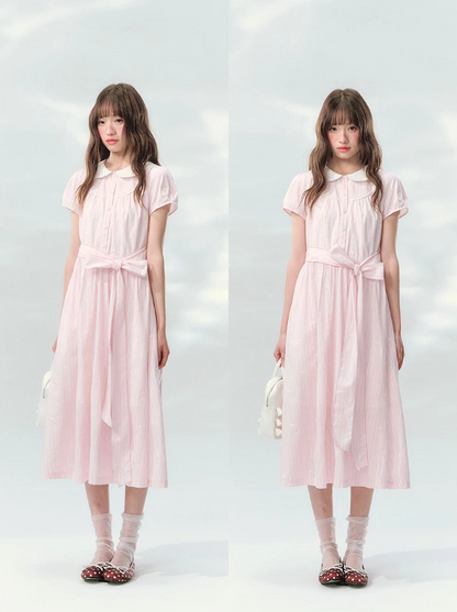 “Pink Mist Soufflé” Blush Pink Embroidered Doll Collar Dress