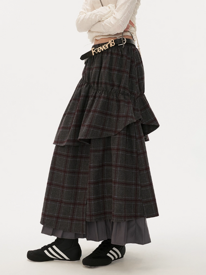 MAMC - Vintage Plaid Faux-Layered Midi Skirt