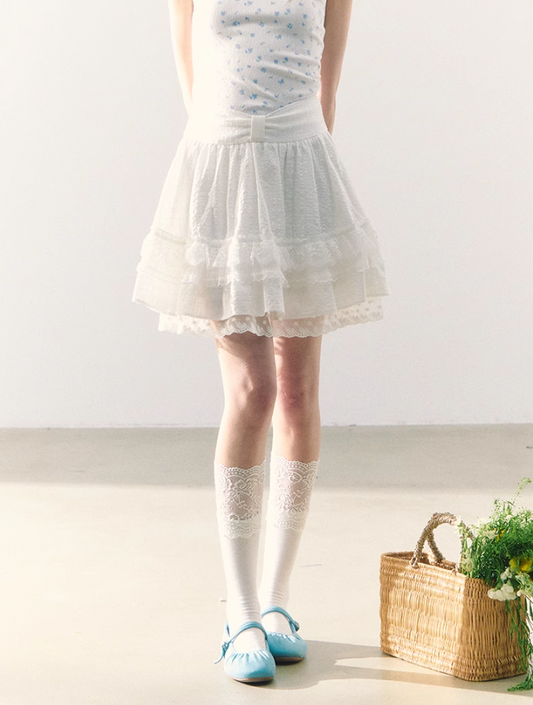罐头粪便 - Sweet Bow Waist Design Multi-Layer Lace A-Line Skirt