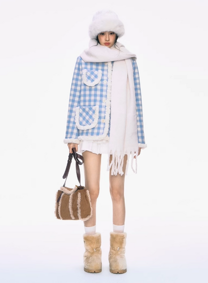 PCH - Chanel-Inspired Blue Tweed Wool-Blend Coat