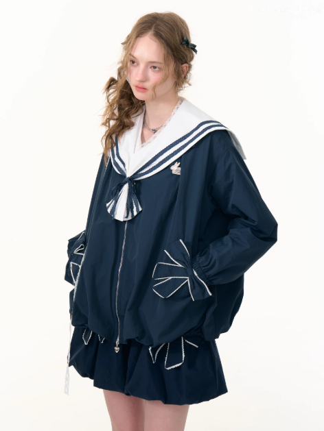 ZiziFei - Navy Sailor Zip-Up Jacket – Sporty Y2K Windbreaker with Bows