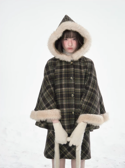 達淵如 - Plaid Cape With Fur Set