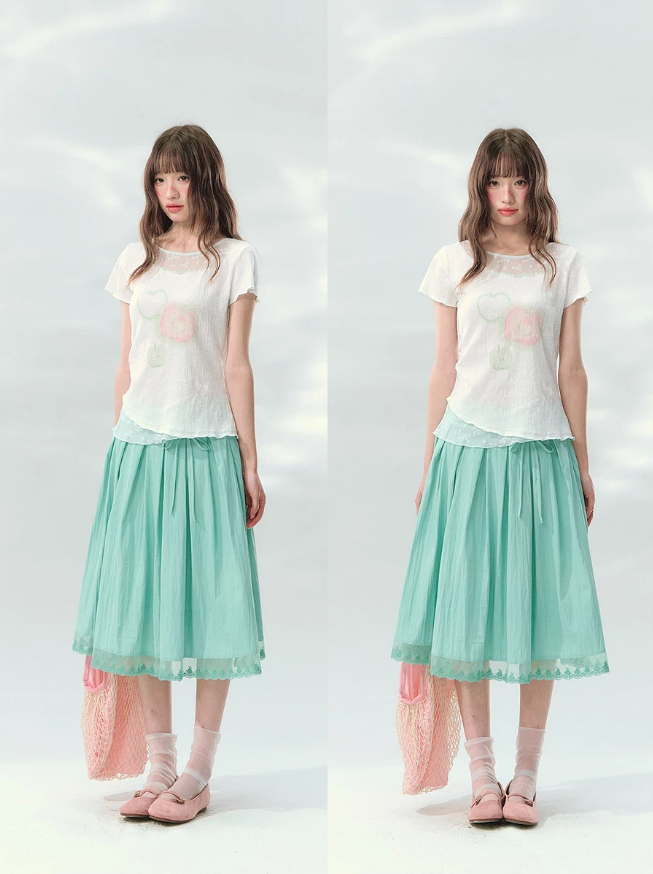 “Mint Waltz” Mint Green Lace Trim Pleated Midi Skirt