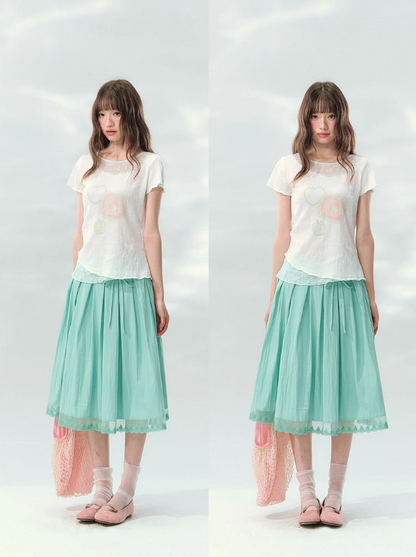 “Mint Waltz” Mint Green Lace Trim Pleated Midi Skirt