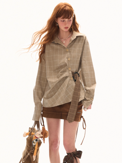 MAMC - Taupe Houndstooth Ring-Belt Shirt – Cinched Waist Fall Streetwear Blouse