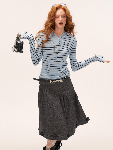 MAMC - Soft Blue Striped Knit Hoodie Top