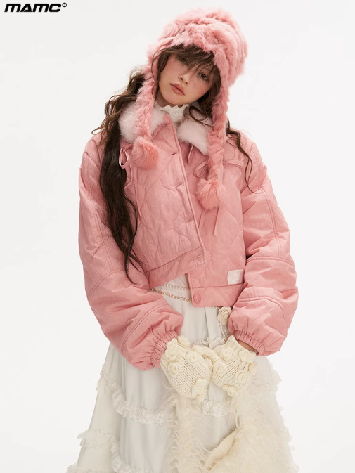 MAMC - Pink Quilted Faux Fur Bomber Jacket with Ribbon Detail
