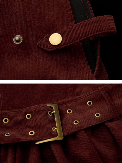 MAMC - Wine Red Corduroy Buckle Strap Mini Dress