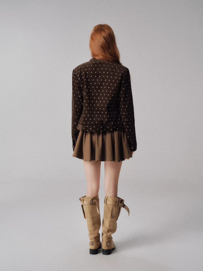 "时光画布" Polka Dot Cropped Jacket with Bow Details (Warm Brown)