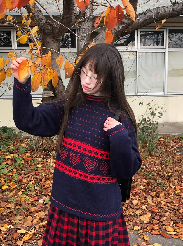 Zzouu - Cozy Dark Blue Heart Pullover Sweater
