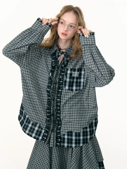 ZiziFei - Vintage-Inspired Black & White Plaid Ruffle Shirt