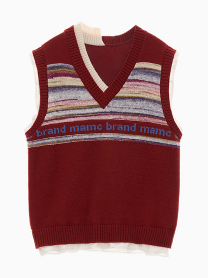 MAMC - Frill Glitch Striped Knit Vest – Red/ Coral Pink