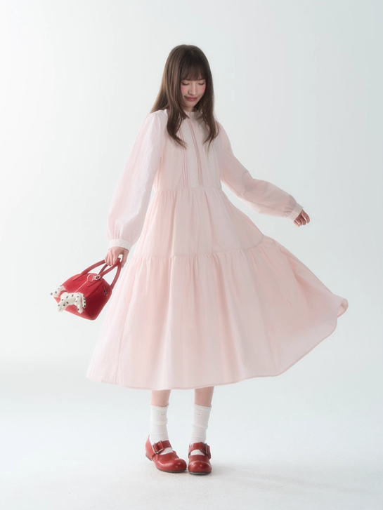罐头士多所 - Soft Lace-Trim French Midi Dress – Sweet Preppy Early Fall Look