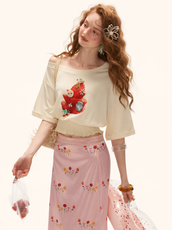 "Soft Blush Poem" Floral Satin A-Line Midi Skirt WE955