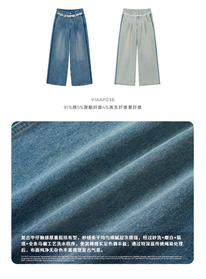 VIAPITTI - Lace Panel Straight-Leg Jeans (Light & Dark Blue)