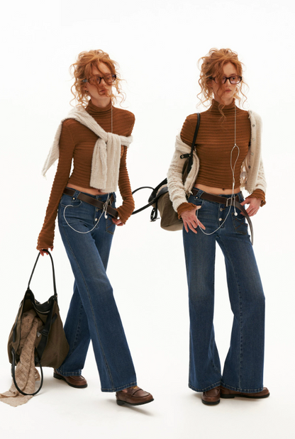 MAMC - Ribbed High-Neck Fitted Long-Sleeve Top (Black / Brown)