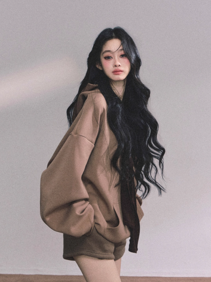 少也眼 Three-Piece Casual Hoodie Set – Loungewear Outfit in Khaki