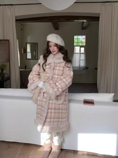 阮阮自制 - Clara Bow Blush Plaid Wool-Blend Padded Coat