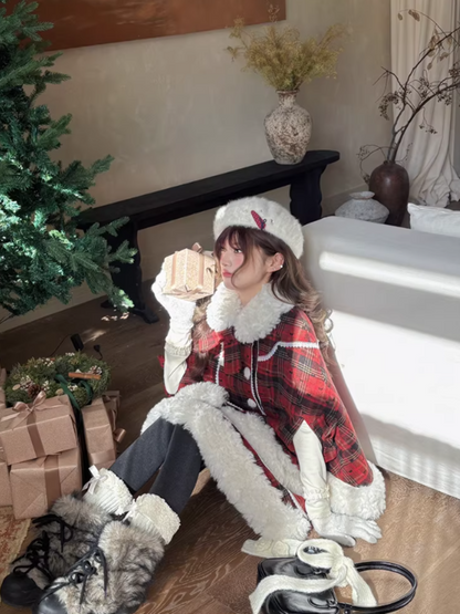 阮阮自制 - "Snowberry Dream" Plaid Cape Wool Blend Two-Piece Winter Set