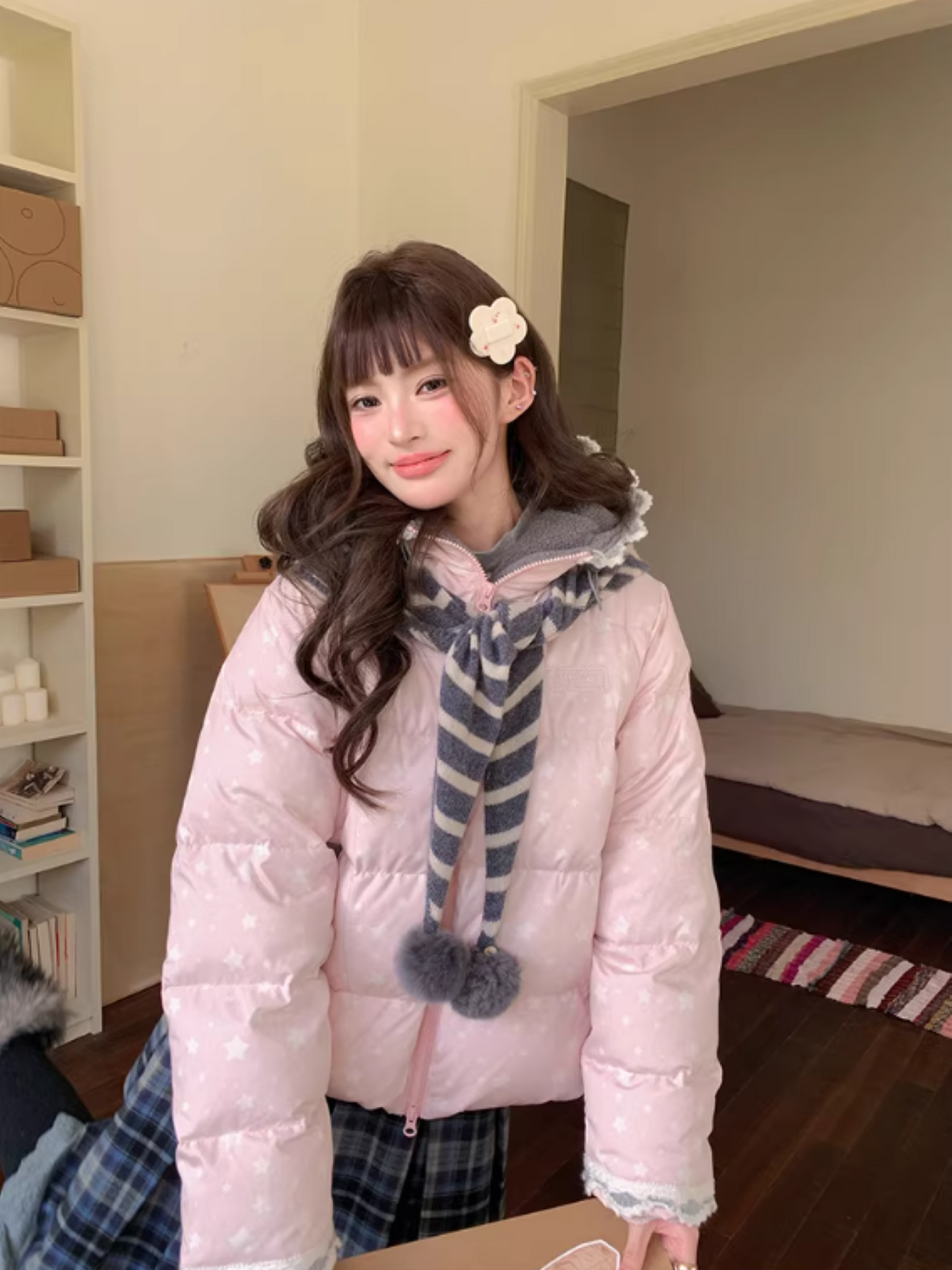 阮阮自制 - "Cherry Amber Star" Star Hooded White Duck Down Jacket