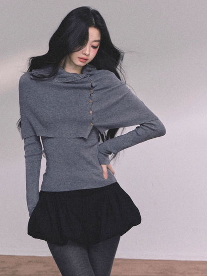 少也眼 Elegant Korean-Style Slim Fit Knit Long Sleeve Top with Cape