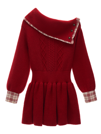 Red Plaid Off-Shoulder Knit Dress WE724