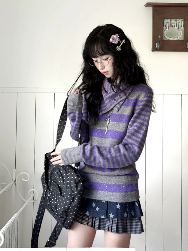 KYOUKO - Purple Gray Striped Knit Top & Denim Blue Polka-Dot Skirt Set