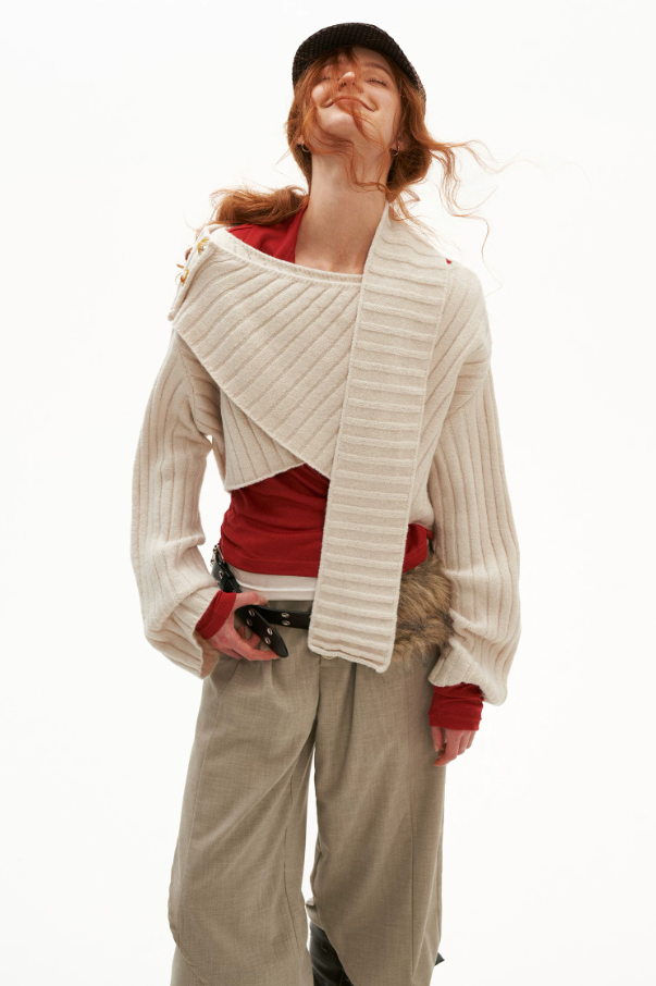 MAMC - Soft Recycled Airy Knit Cross-Neck Sweater (Red / Yellow / Ivory)