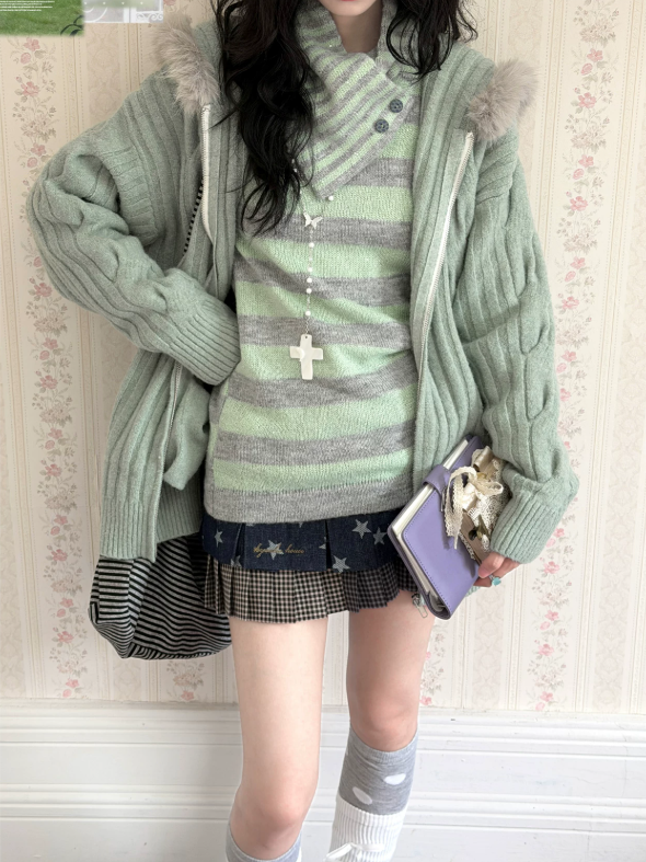 KYOUKO - Mint Green Gray Striped Knit Top with Detachable Collar