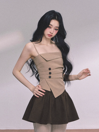 少也眼 Vintage-Inspired Irregular Two-Piece Set (Khaki Top & Brown Skirt)