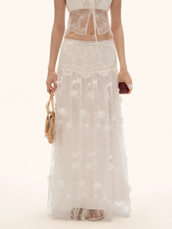 "Soft Petal Mood" 3D Floral Tulle Midi Skirt WE1002