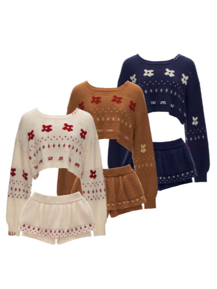 Star & Floral Knit Crop Sweater + Skort Set WE770 (Caramel Brown)