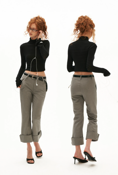 MAMC - Ribbed High-Neck Fitted Long-Sleeve Top (Black / Brown)