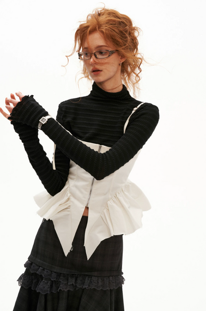 MAMC - Ribbed High-Neck Fitted Long-Sleeve Top (Black / Brown)