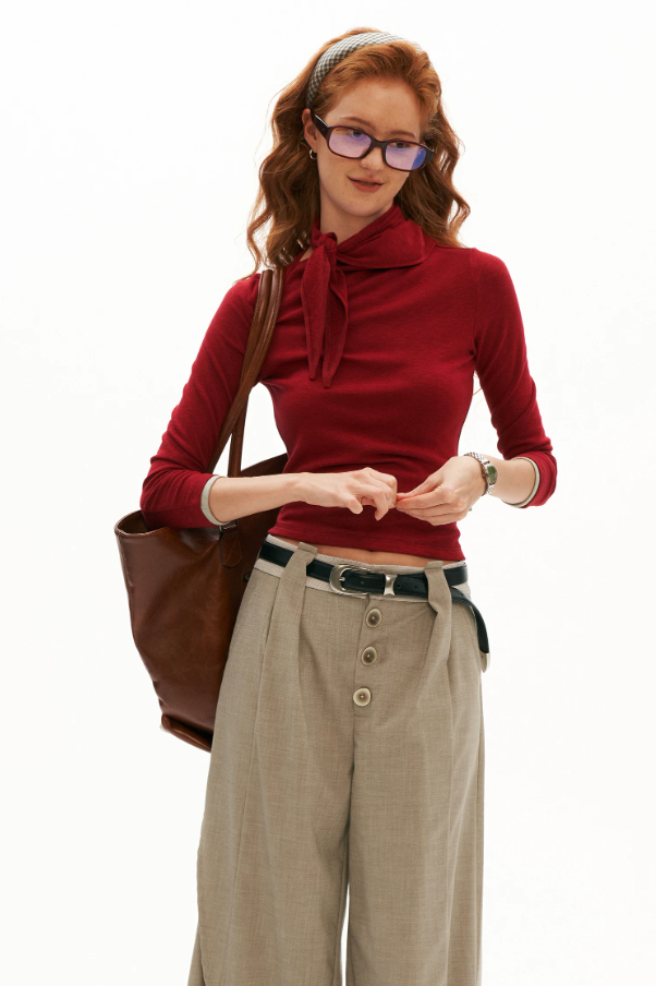MAMC - Soft Wrap-Tie Fitted Long-Sleeve Top (Red / Black / White / Gray)