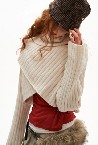 MAMC - Soft Recycled Airy Knit Cross-Neck Sweater (Red / Yellow / Ivory)